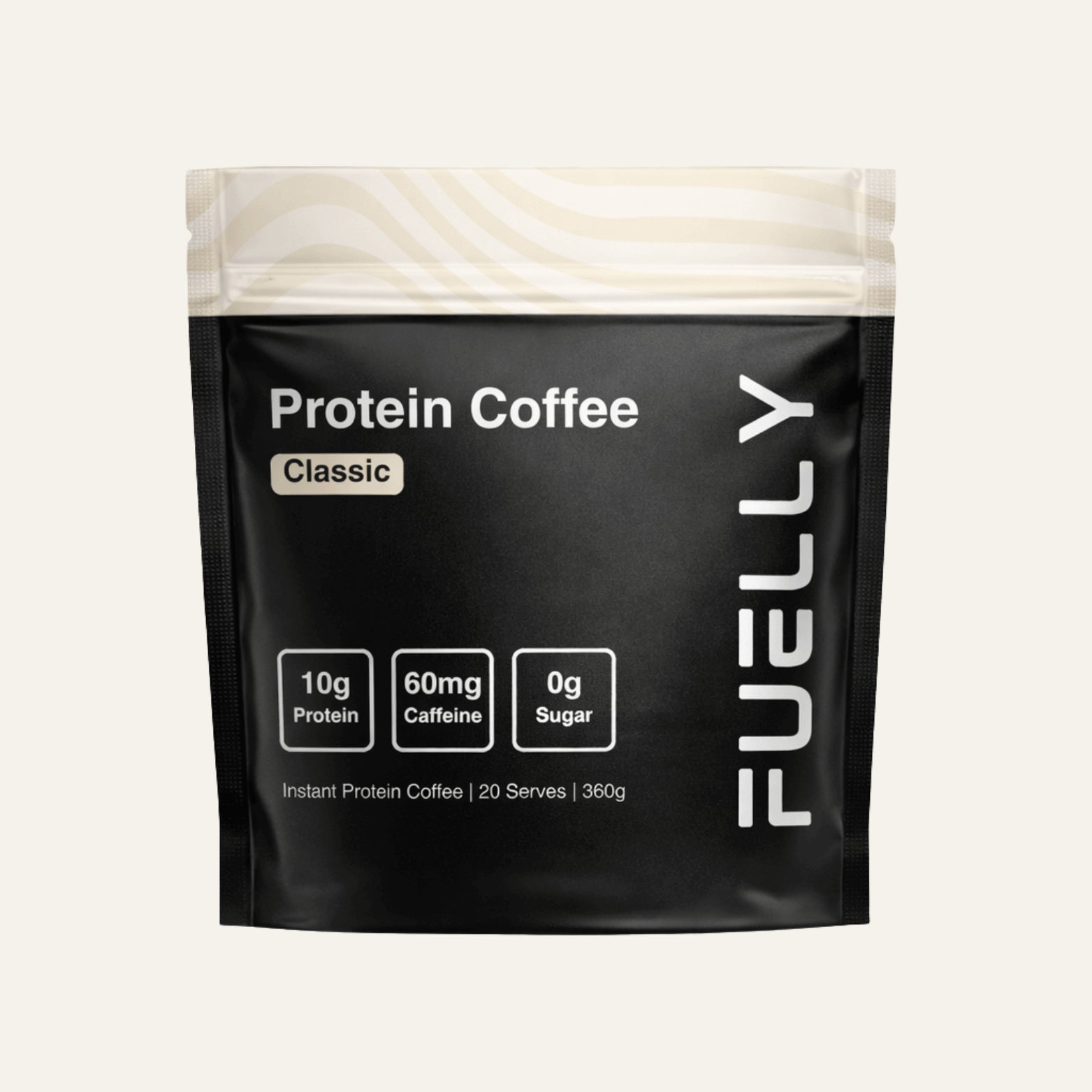 Package of FUELLY Protein Coffee on a light gray background