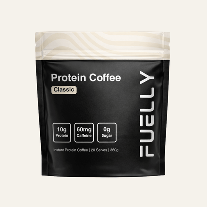 Package of FUELLY Protein Coffee on a light gray background