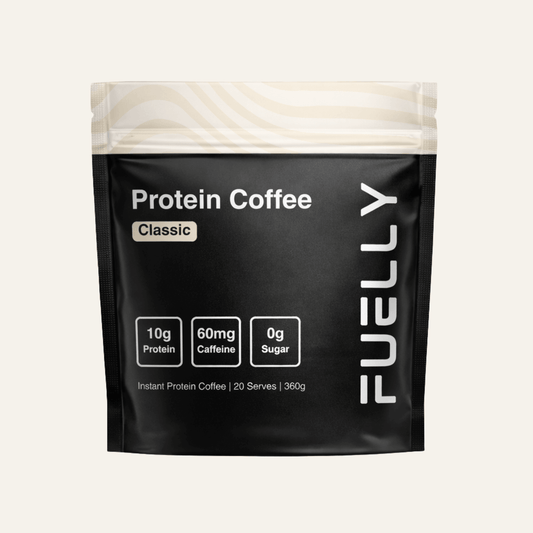 Package of FUELLY Protein Coffee on a light gray background