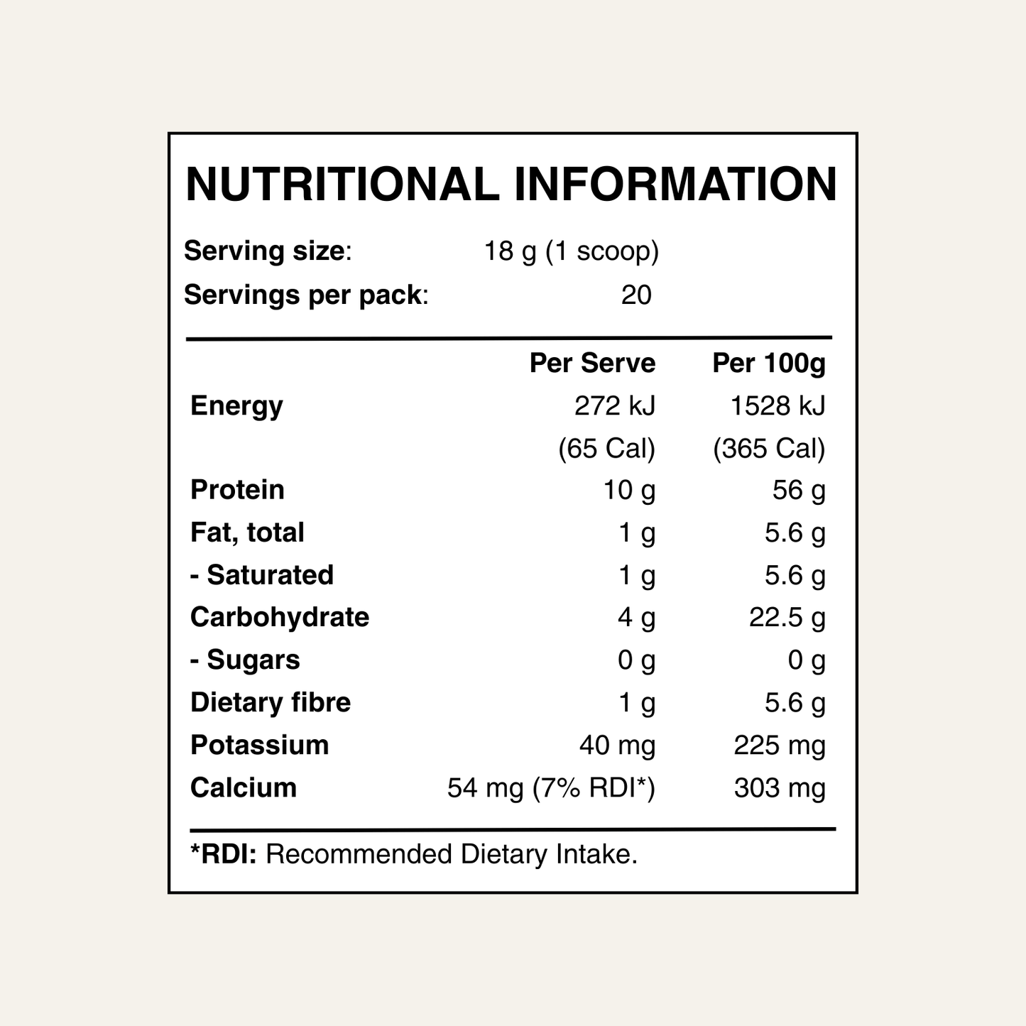 Nutritional information label for a product on a white background
