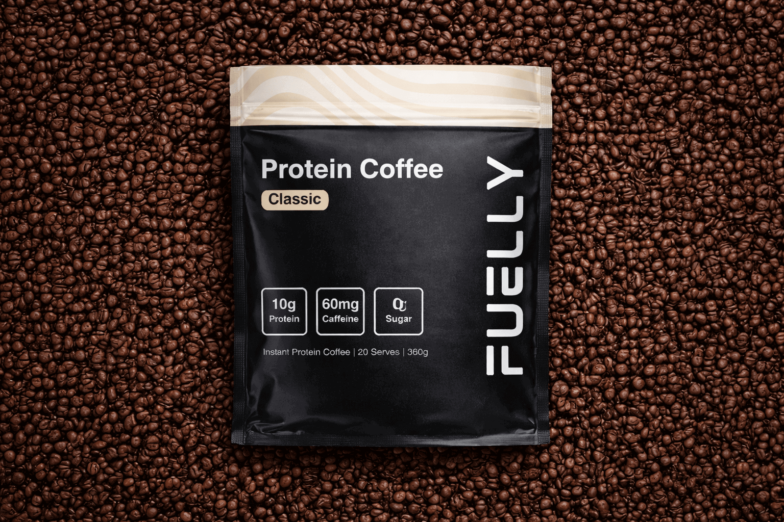 About Fuelly's Protein coffee. Image of a package on a bed of coffee beans.