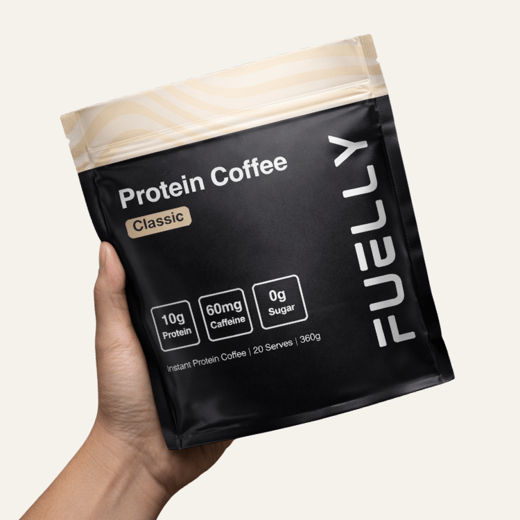 Fuelly protein coffee packaging representing an Australian-made coffee and protein brand