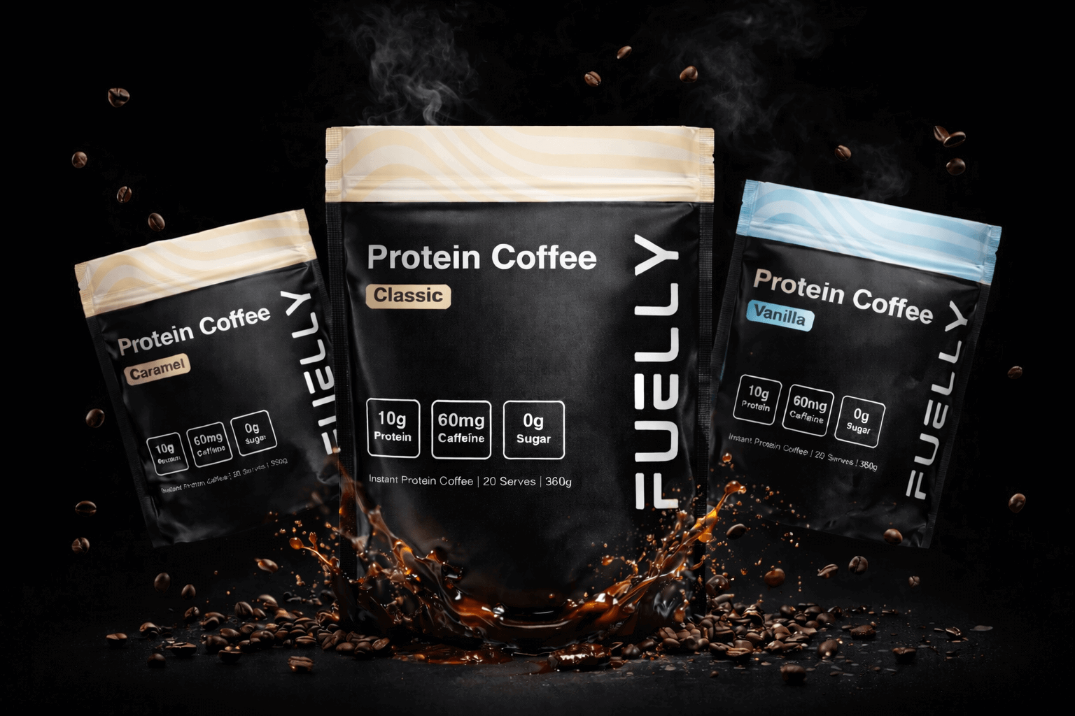 Fuelly protein coffee packaging showing classic, vanilla, and caramel flavours of instant protein coffee